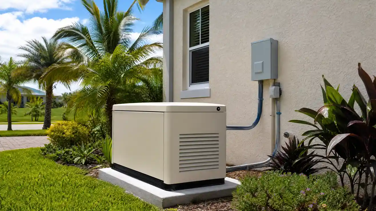 Standby generator installation on concrete pad beside Florida home with transfer switch
